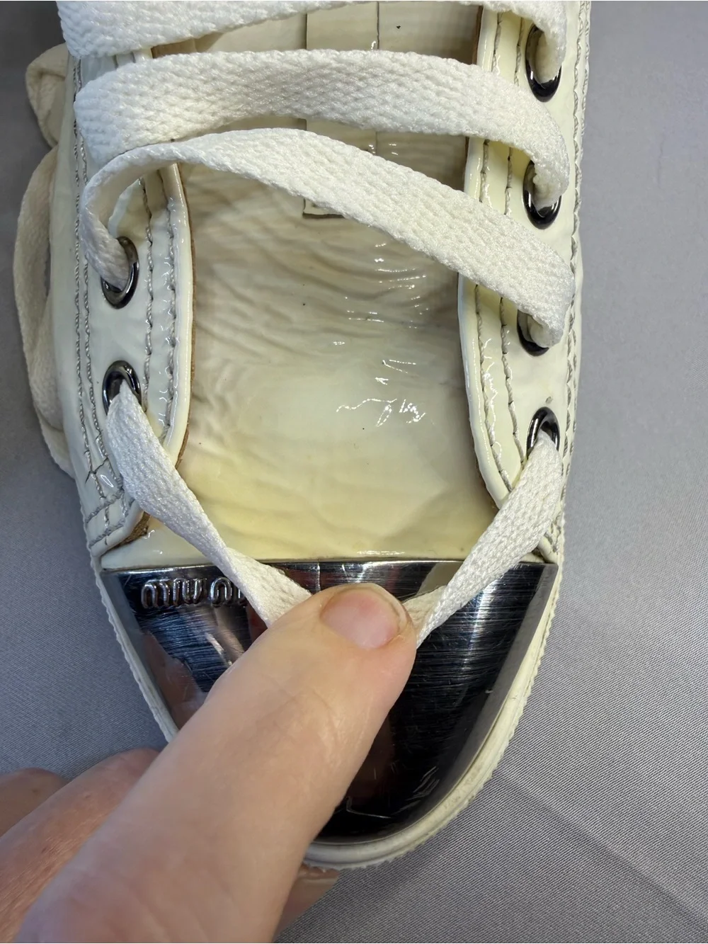 Miu Miu Cream Patent Leather Sneakers with Silver Toe Caps